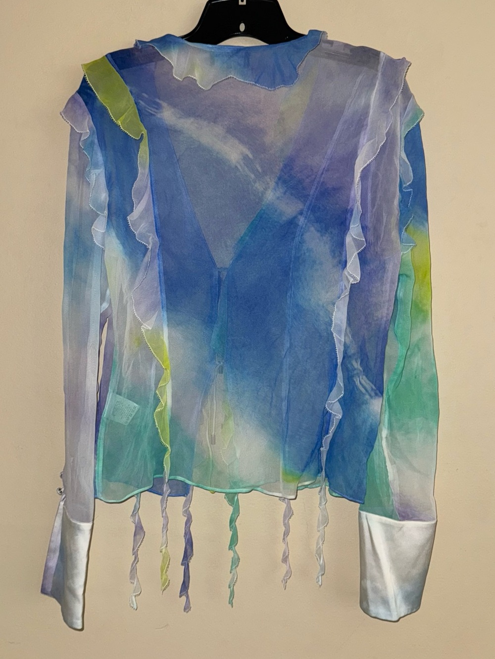RETROFÊTE AVIVA SILK CHIFFON BLOUSE Watercolor Wave Tie Front Sheer Size L - Picture 10 of 14